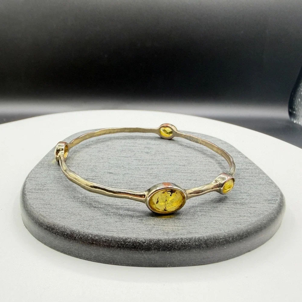 Yellow Crystal Silver Tone Bangle Bracelet Bezel Set Boho Statement Jewelry